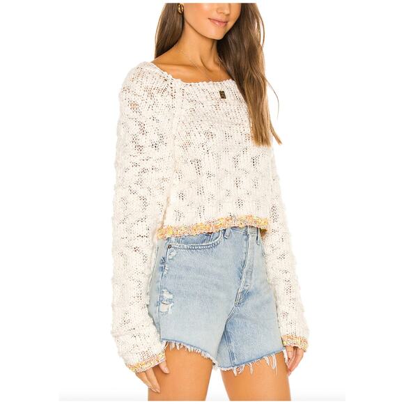 Free People West Palm Sweater Cream Multi Color Trim Small - Picture 1 of 11